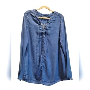 CATO Sz 22/24 Chambray Denim Bell Long Sleeve w/V Neck Tie String Tunic